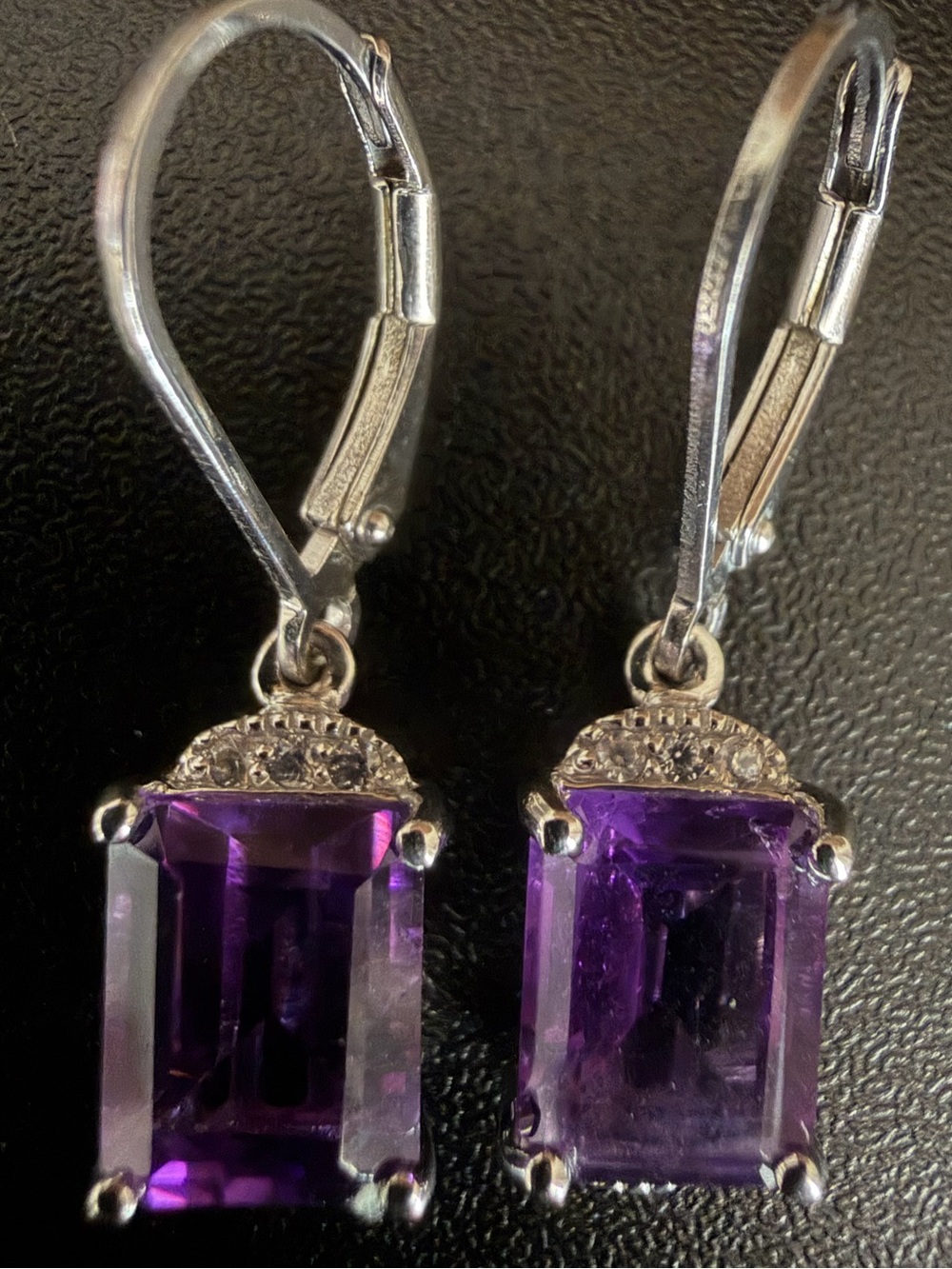 BBJ STERLING SILVER EMERALD CUT AMETHYST LEVERBACK EARRINGS